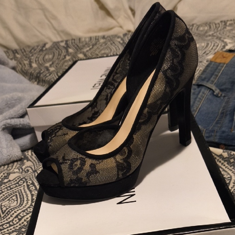 Nine West Black Lace Peep-Toe Heels